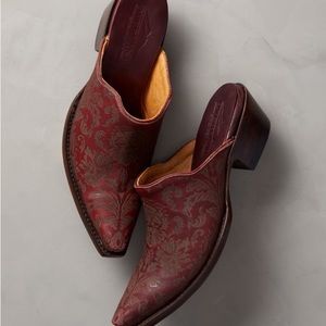 Overland goatskin leather mules. Supple leather, detailed tooling. Never worn.